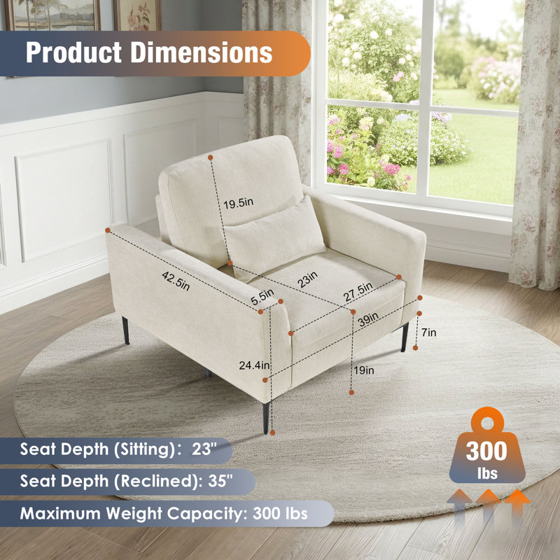 39"W Oversized Comfortable Relaxing Arm Chair & Accent Chair With Extendable Seating, Single Chair