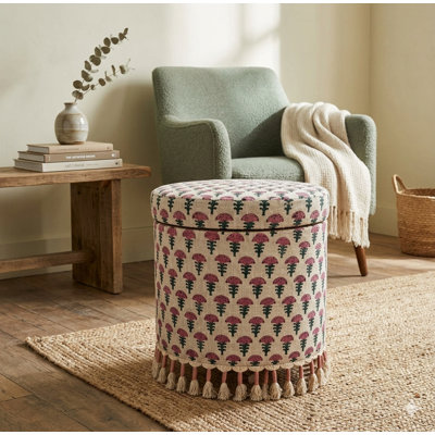 Bohemian Storage Ottoman with Fringes | Upholstered Foot Stool with Hidden Storage, 16x16x18"