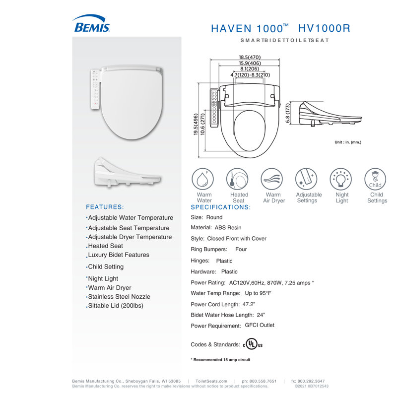 Siège de toilette de bidet rond en plastique Bemis Haven - blanc