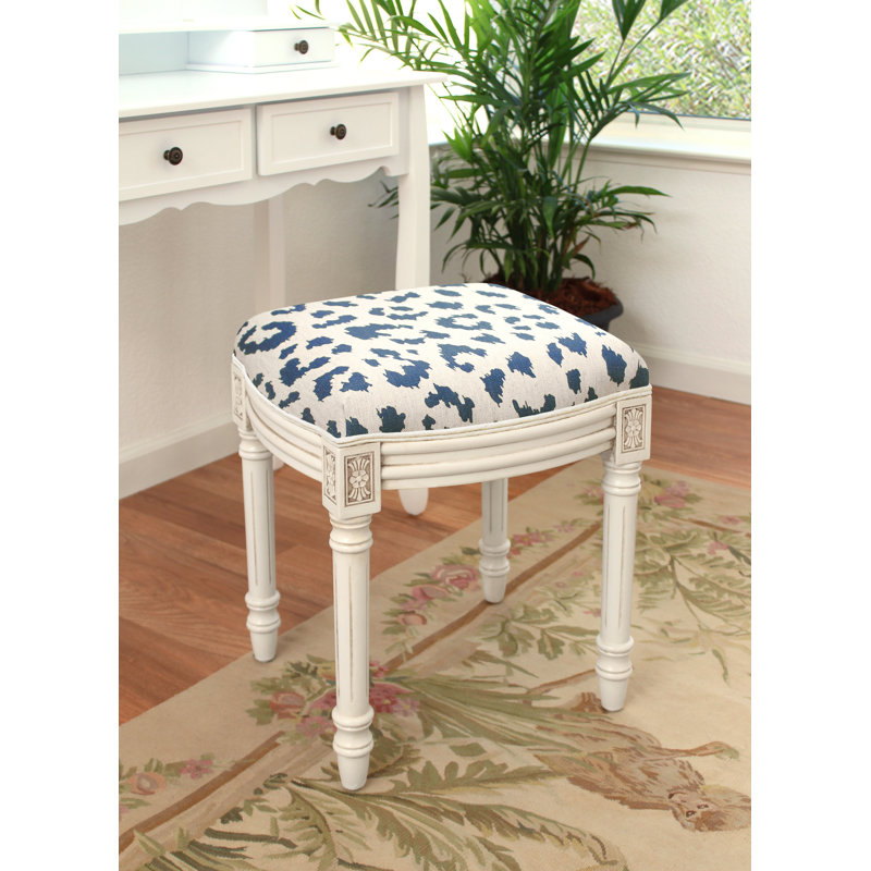 Tabouret de coiffeuse en lin bleu marine à imprimé guépard et finition grise vieillie, Blanc antique, Bleu marine