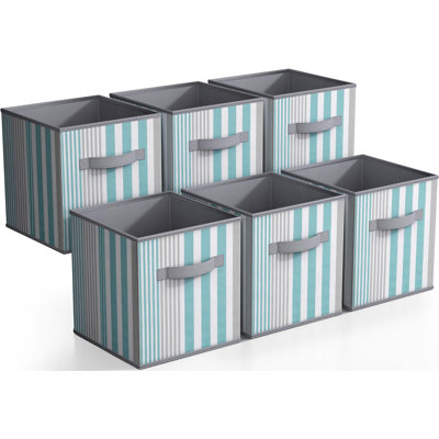 Sorbus Foldable Storage Cube Basket Bin, 6 Pack, Vertical Stripe Line Pattern - Grey/Aqua