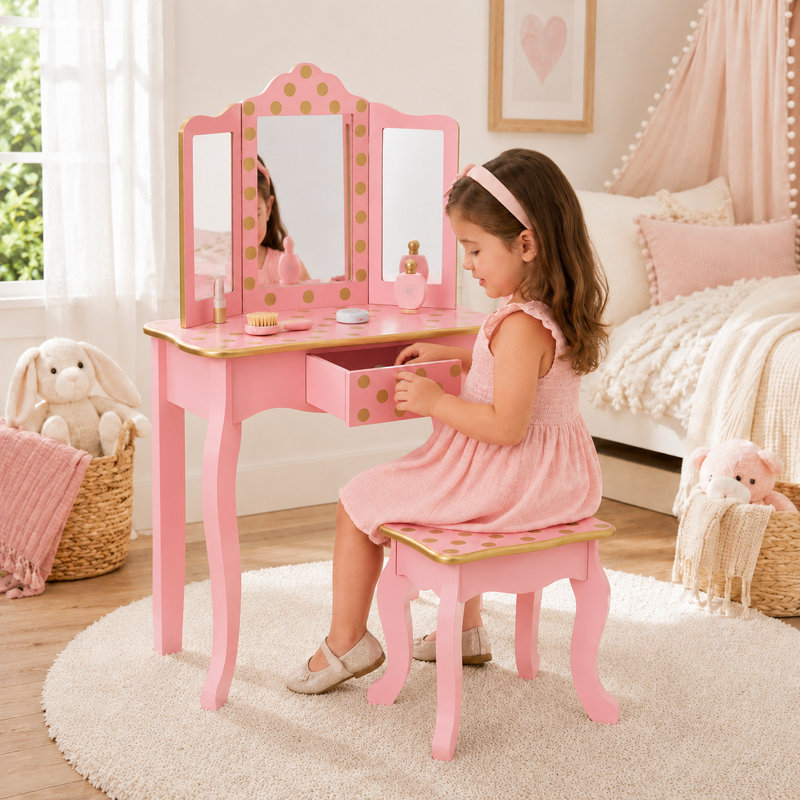 Ensemble de coiffeuse en bois Teamsis pour enfants avec miroir à trois volets, tiroir de rangement, tabouret assorti et table de maquillage pour enfants de 3 ans et plus