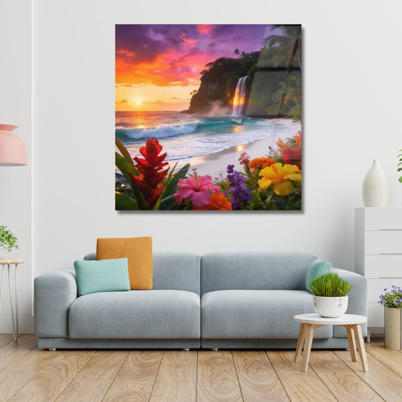 Art mural en verre trempé Tropical Beach Sunset, H 30 po x l 30 po