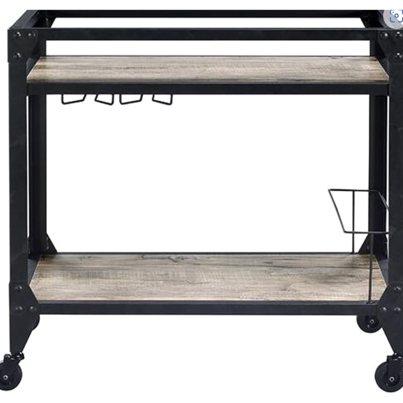 Rustic Oak & Charcoal Finish Serving Cart - Wooden Top Shelf, Wine Bottle Rack, Stemware Holder, Metal Frame, Caster Wheels For Effortless Mobility With Charm Ample Compartment Beverages And