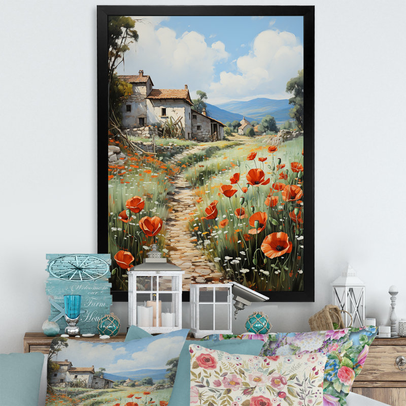Poppy Field In Farm - Floral & Botanical Wall Art Living Room, H 20 po x l 12 po x P 1 po, Cadre photo noir