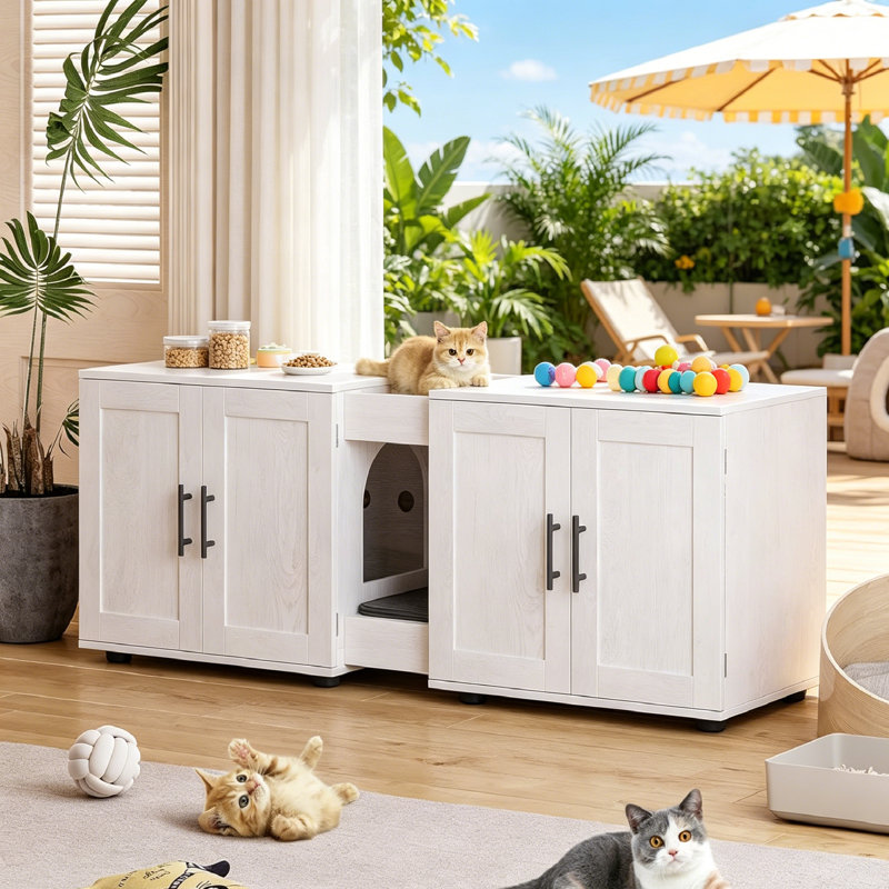 Grande boîte à litière pour chat 55 pouces pour 2 chats - meuble en bois caché 3-en-1 avec portes de grange, chatière double, rainures de rangement, surface imperméable facile à nettoyer, meuble télé.