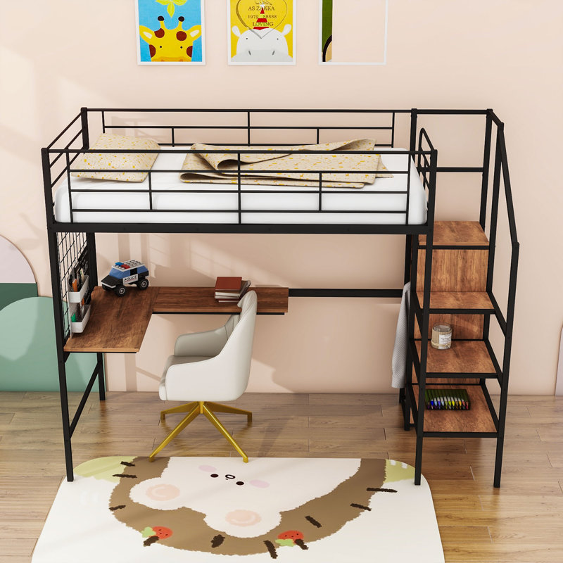 Ardella Metal Loft Bed with Desk and Wardrobe, Twin, Black