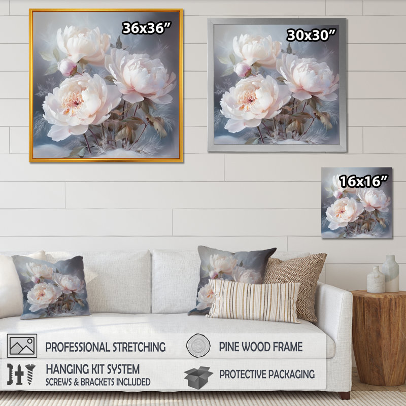 " Chic Peonies Winter Charm ", 36" H x 36" W, Black Floater Framed