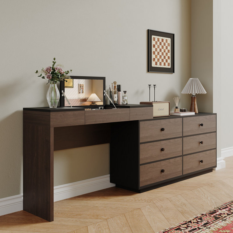 Carmavy Extendable Vanity Makeup Table Home Office Desk with Flip-Top Makeup Mirror and 6 Storage Drawers