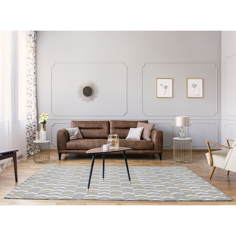 Tapis gris/jaune fait main, Rectangle 4 pi x 6 pi