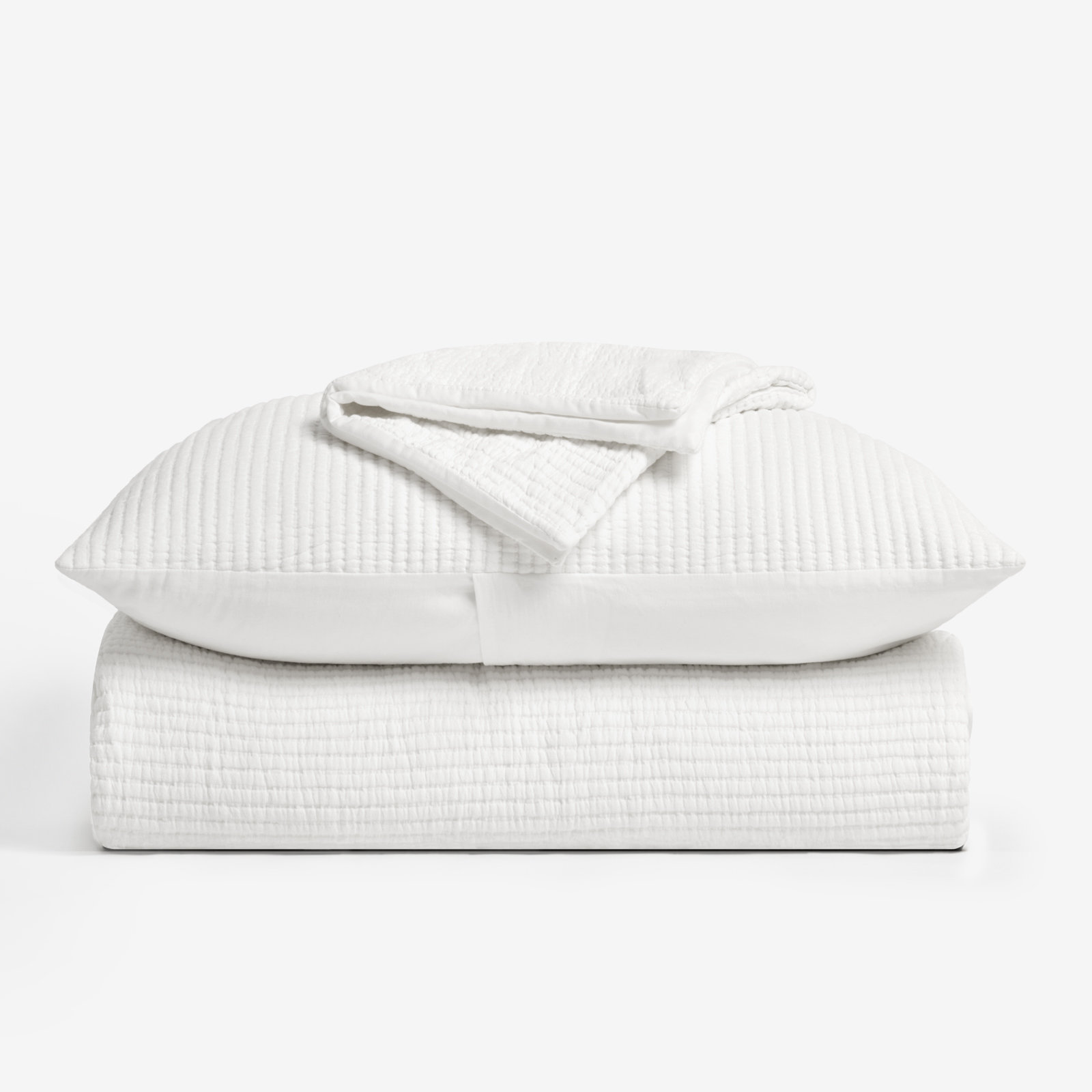 Ribbed Cotton Coverlet Set, Queen Quilt + 2 Queen Shams, Bright White