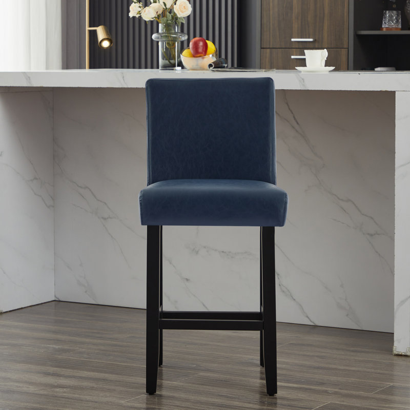 Tabouret de comptoir rembourré de 26 po avec structure en bois massif, Bleu / similicuir, 2
