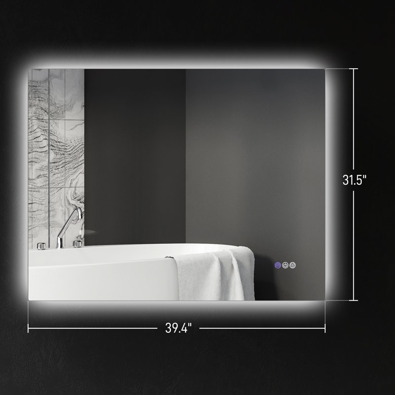 Miroir de salle de bain 39 po x 32 po avec éclairage DEL, brouillard, intensité variable, température de couleur réglable, fixation murale, mémoire, montage horizontal / vertical, verre transparent, lumières en aluminium, fonction de brouillard, température, lieu,