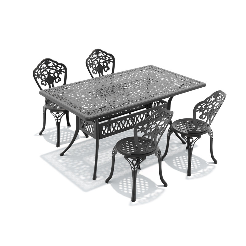 Ensemble de salle à manger d'extérieur rectangulaire 5 pièces, 148 cm de long, avec trou pour parasol, 4 chaises, largeur du siège 39 cm