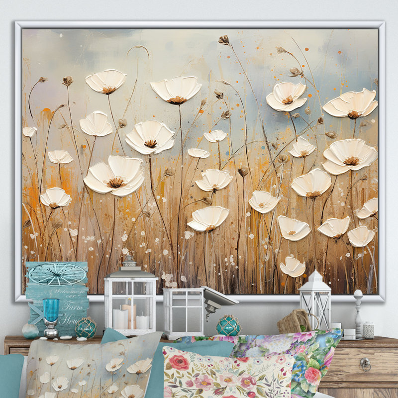 Beige fleurs de jardin murmures III, H 12 po x l 20 po x P 1 po, Cadre flottant blanc