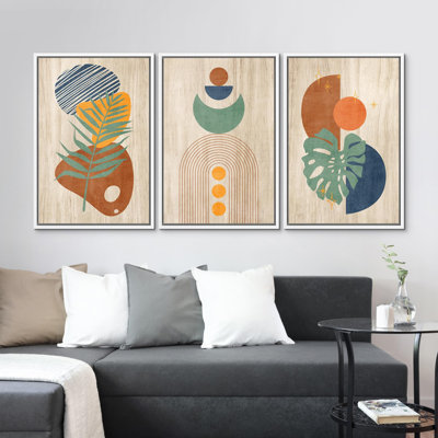 " Abstract Symbol With Orange Sun Geometric Shapes Illustrations Modern Art Boho Decor Colorful Chic " 3 - Pieces on