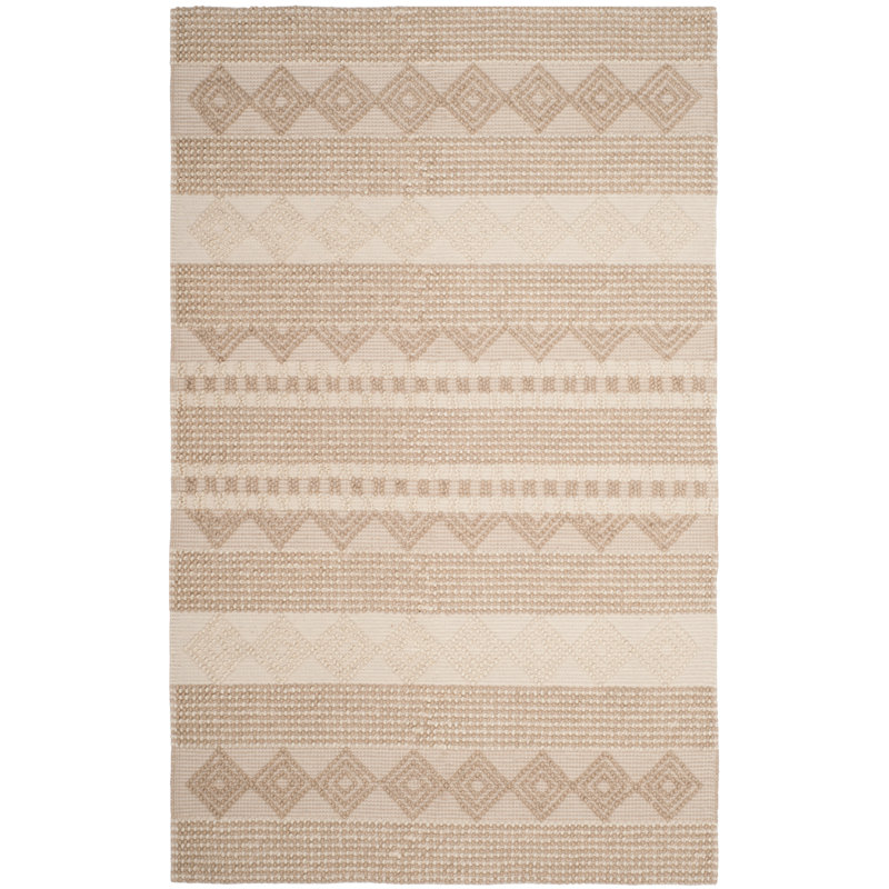 Tapis en laine et coton beige et ivoire à motif géométrique tissé à plat à la main Winchester, Rectangle 6 pi x 9 pi