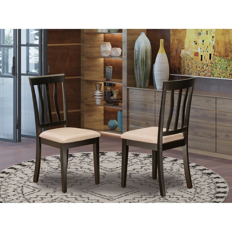 Antique Kitchen Dining Chairs - Linen Fabric Upholstered Wood Chairs, Set of 2, Cappuccino, Cappuccino/Linen