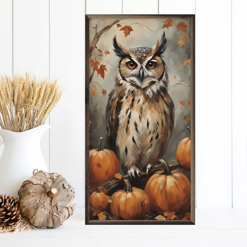 «Hibou avec citrouilles» sur bois, H 16 po x l 8 po x P 1,26 po