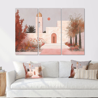Minimalisme blanc rose, paysage marocain, ensemble d'art mural marocain