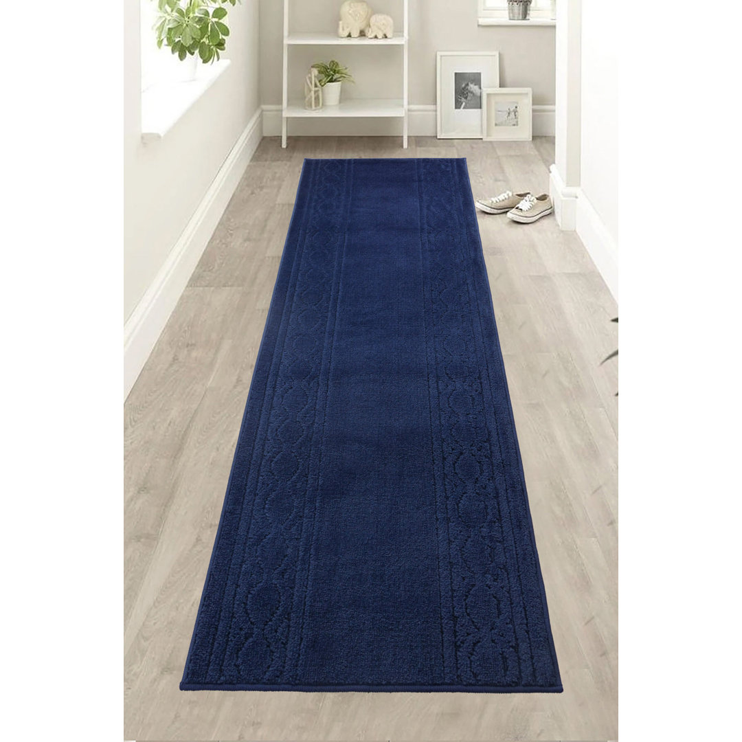 Custom Size  Anti Slip Machine Washable Medium Profile Cut Pile Soft Moroccan Trellis Navy Blue Runner Rugs by Feet Astoria Grand Rug 