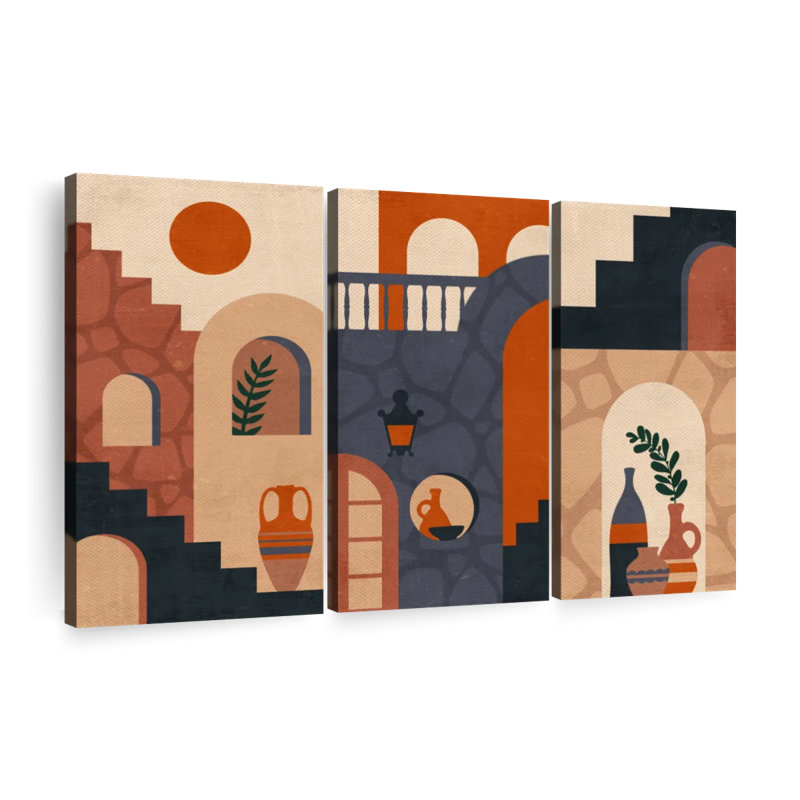 Abstrait architecture Mid-Century sur toile 3 pièces, H 32 po x l 50 po x P 1,25 po