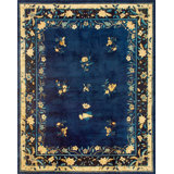 Antique 1920s Wool Floral Blue Hand Knotted Pile Rectangle Rug