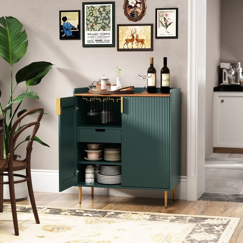 Teaire 31.6'' Modern Coffee Bar Cabinet with Wine Racks and Storage Drawer, Green