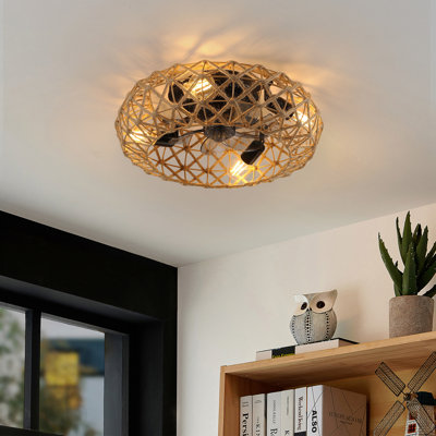 Ceiling-Mounted Jute Rope Fan Light Strip With 4 Bulbs, Dimmable, 7 Dlades, Reversible Dc Motor