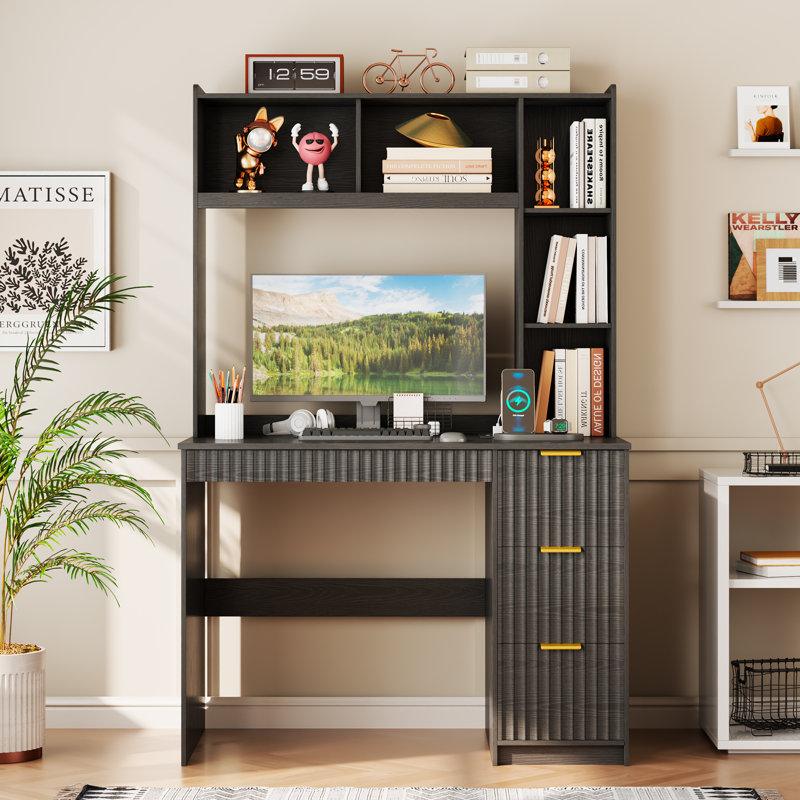 4-Drawer Computer Desk with Bookshelves and Led Lighting, Home Office Desk with Charging Station, Black