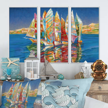 Colorful Sailboat On Blue Framed On Canvas 3 Pieces Painting