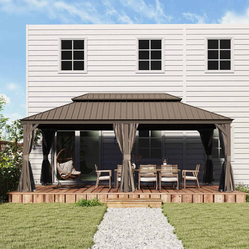 20 Ft. W x 14 Ft. D Galvanized Steel Patio Gazebo with Double Roof, Brown, Bronze