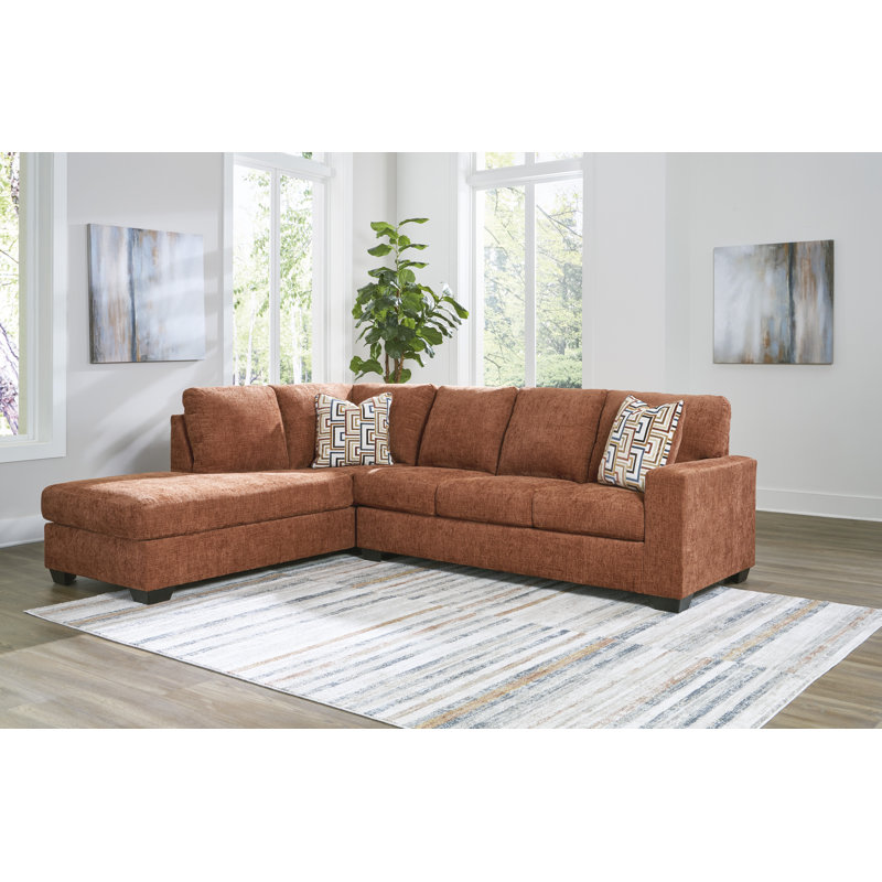 Canapé modulaire 2 pièces avec méridienne Kleban, Polyester orange, Orienté à gauche (vu de face)
