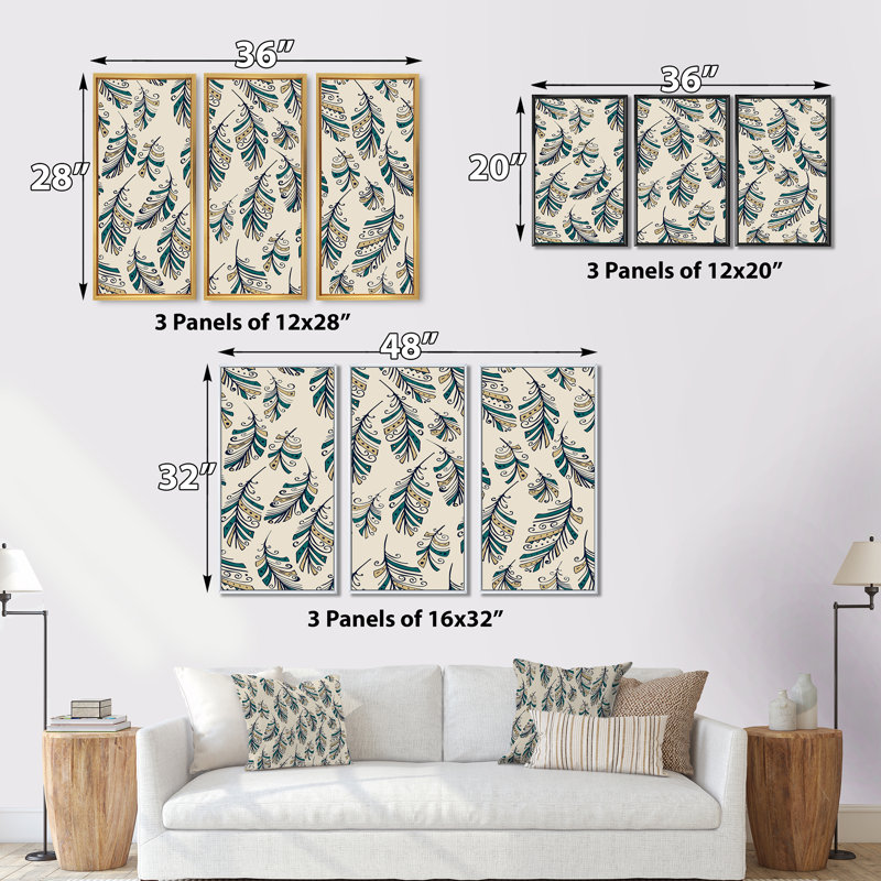Green Boho Feathers - 3 pièces, reproduction sur toile, H 20 po x l 36 po x P 1 po, Cadre blanc