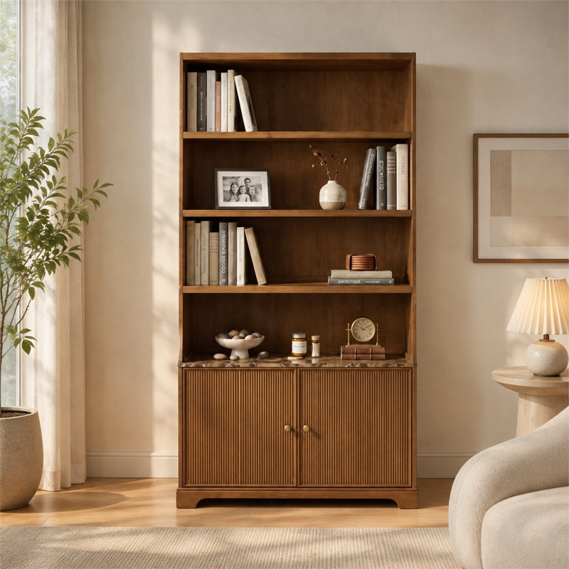 Bibliothèque en noyer avec 3 tablettes ouvertes