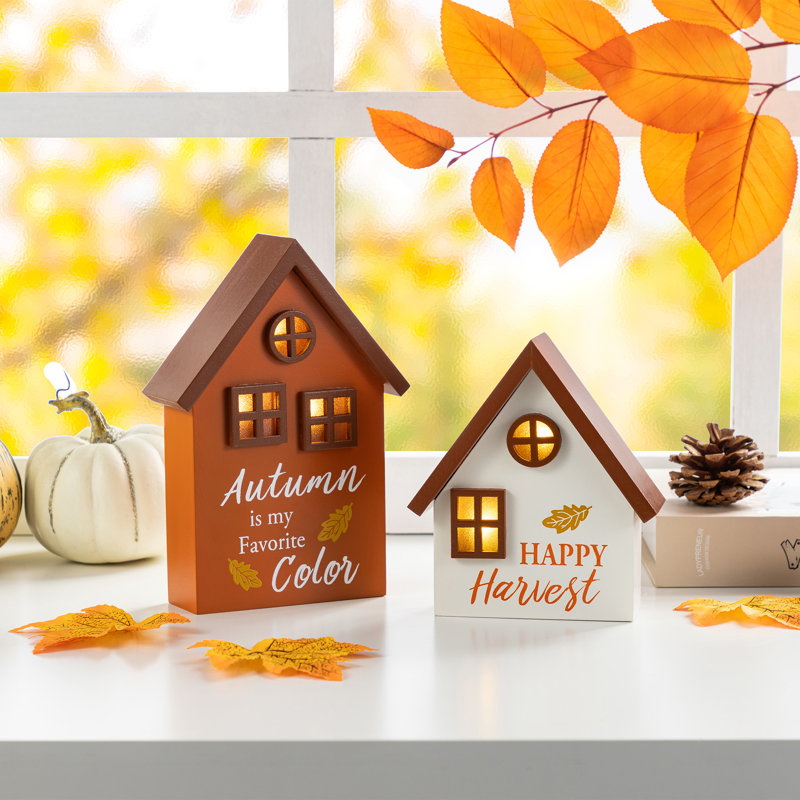 2-Piece 8"H Lighted Fall Wooden House-Shaped Table Decor