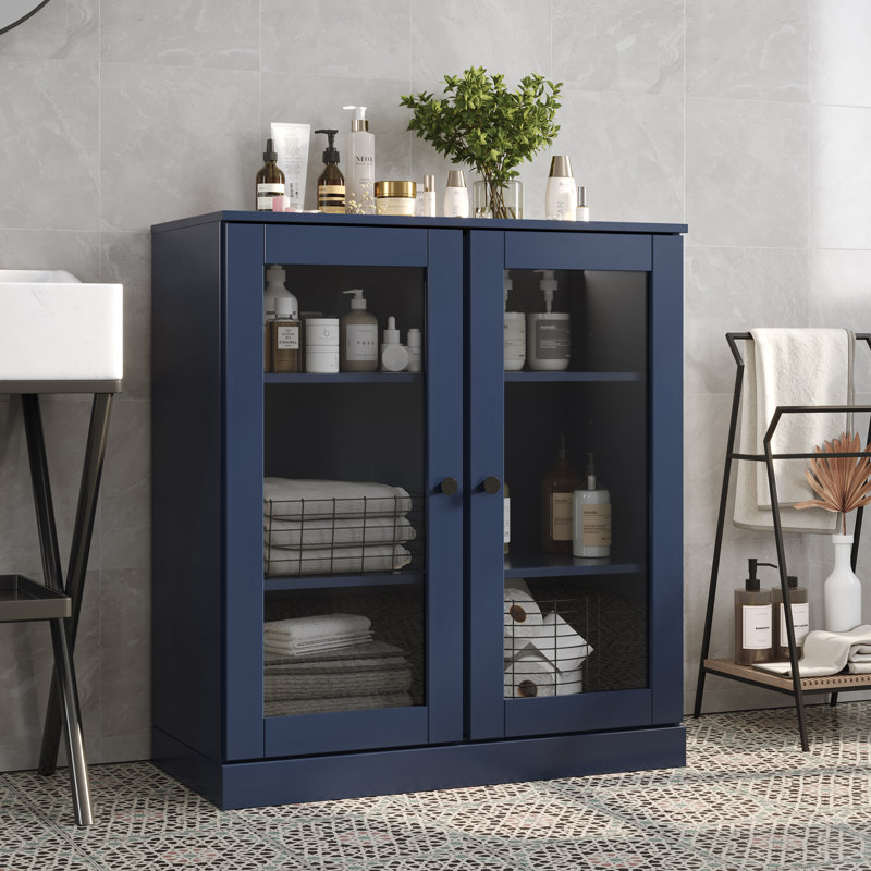 100% Solid Wood 32" Bathroom Cabinet with Clear Glass Doors and Adjustable Shelves, Navy