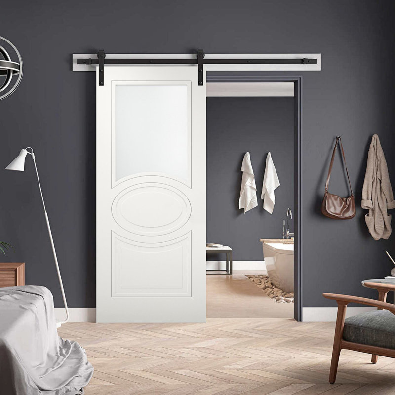 Porte de grange en verre givré blanche Mela avec trousse de quincaillerie d'installation, Noir, 42 po x 96 po