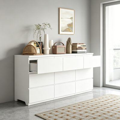 9 Drawer Dresser With No Handle Design, Modern White Matte Wood Dresser For Bedroom, Storage Chest Of Drawers For Living Room, Hallway, Entryway