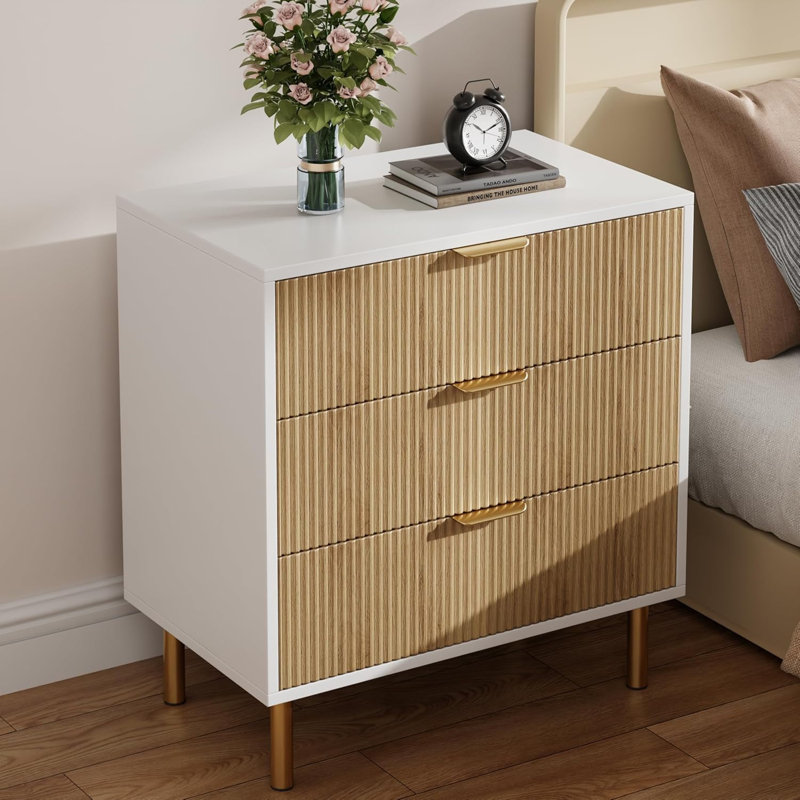 Modern 3 Drawer Dresser – Stylish Wood Chest with Gold Handles, Large Storage Drawers, Elegant Organizer for Bedroom, Living Room, Entryway
