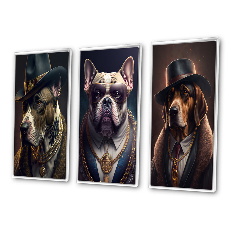 Mafia Pitbull and Frenchie - ensemble de 3 reproductions, H 40 po x l 60 po, Cadre flottant blanc
