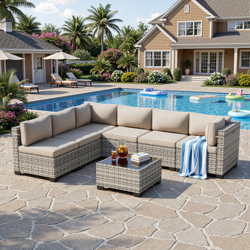 7-Piece Outdoor Sectional Sofa Set With HDPE Wicker, Cushions & Coffee Table, Modular Patio Conversation Set, Taupe