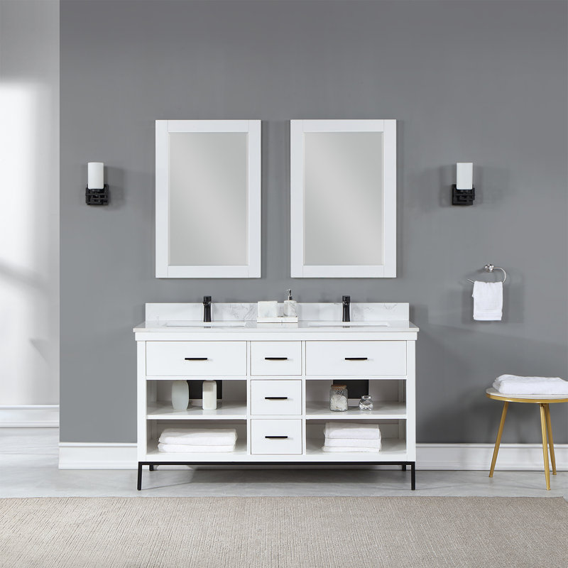 Ensemble de meuble-lavabo double 60 po avec miroir Adaire, Noir mat, Blanc