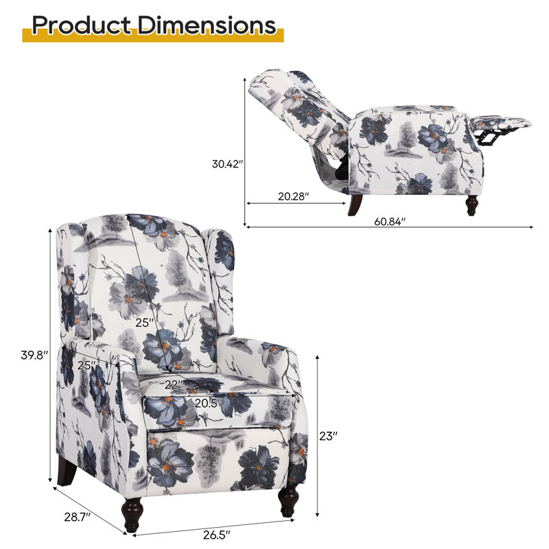 Upholstered Wingback Chair Set Of 2-push Back Recliner Chairs For Adults,mid Century Modern Recliner Chair,floral Manual Recliner Chair For Living Room, Bedroom,solid Wood Legs