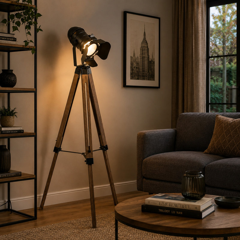Lampe sur pied 55 po avec cadre en bois de style trépied, projecteur, brun et noir