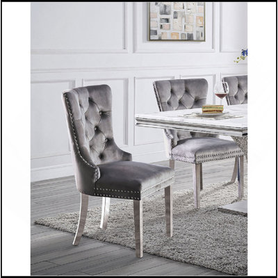 Contemporary Gray Flannelette 2Pcs Side Chairs Button-Tufted Upholstered Dining Chairs Wingback Design Furniture Set
