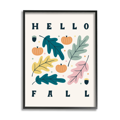 «Hello Fall», pastel moderne, feuilles d'automne, typographie noire, estampe numérique, art texturé par Jalynn Heerdt