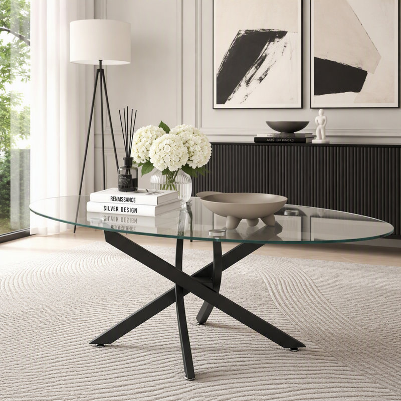 Table basse ovale en verre 39,37 pouces avec pieds, Black+Transparent