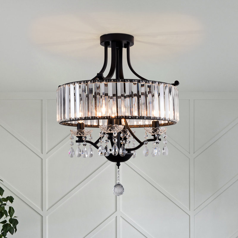 Yancy 4 - Light Dimmable Drum  Crystal Semi Flush Mount  For Living Room, Matte Black