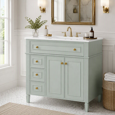 36 Inch Bathroom Vanity with Sink, Green Solid Wood Cabinet with Flip-Out Drawer, 3 Drawers and 2 Soft-Close Doors, Gold Handles & Modern Design, Two Packages
